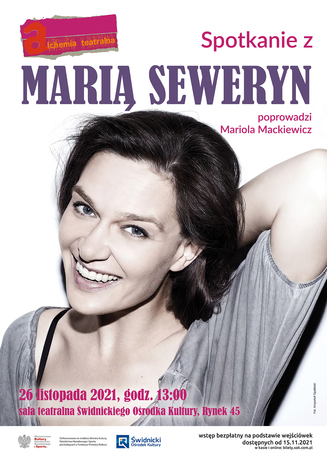 plakat informacyjny na spotkanie z aktorką Marią Seweryn