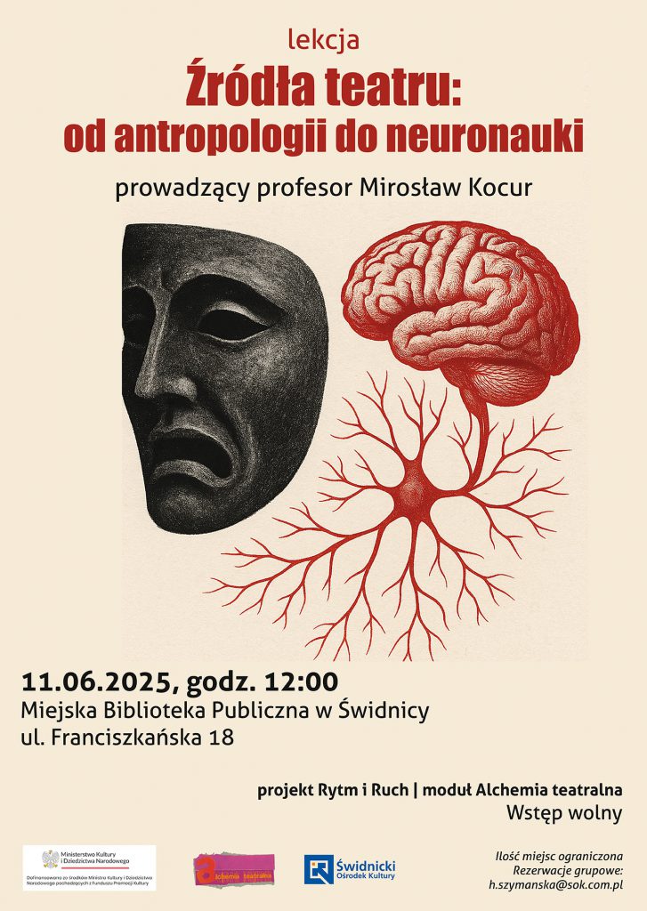 plakat na lekcje teatralna przedstawia maskę teatralną i mózg człowieka