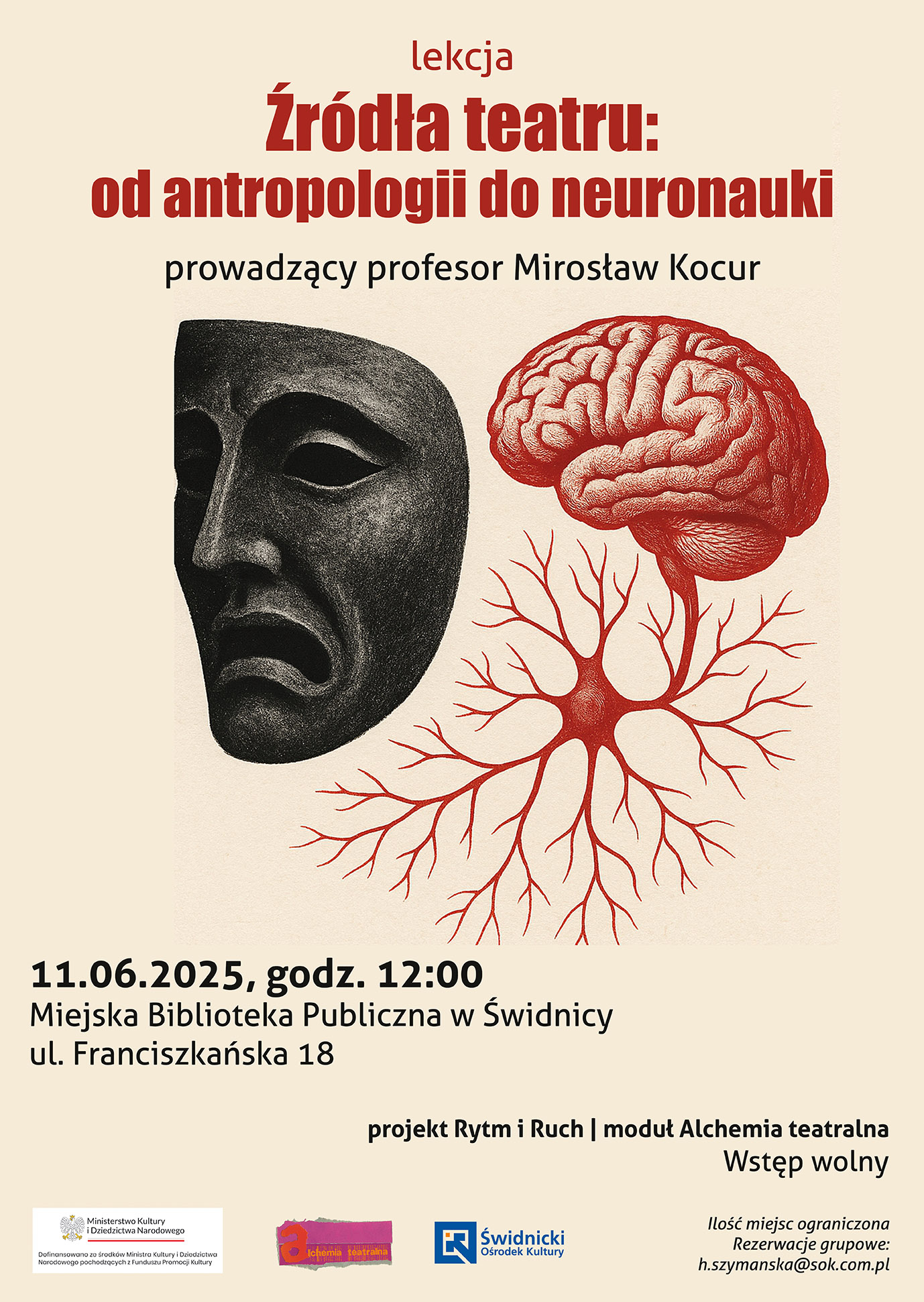 plakat na lekcje teatralna przedstawia maskę teatralną i mózg człowieka