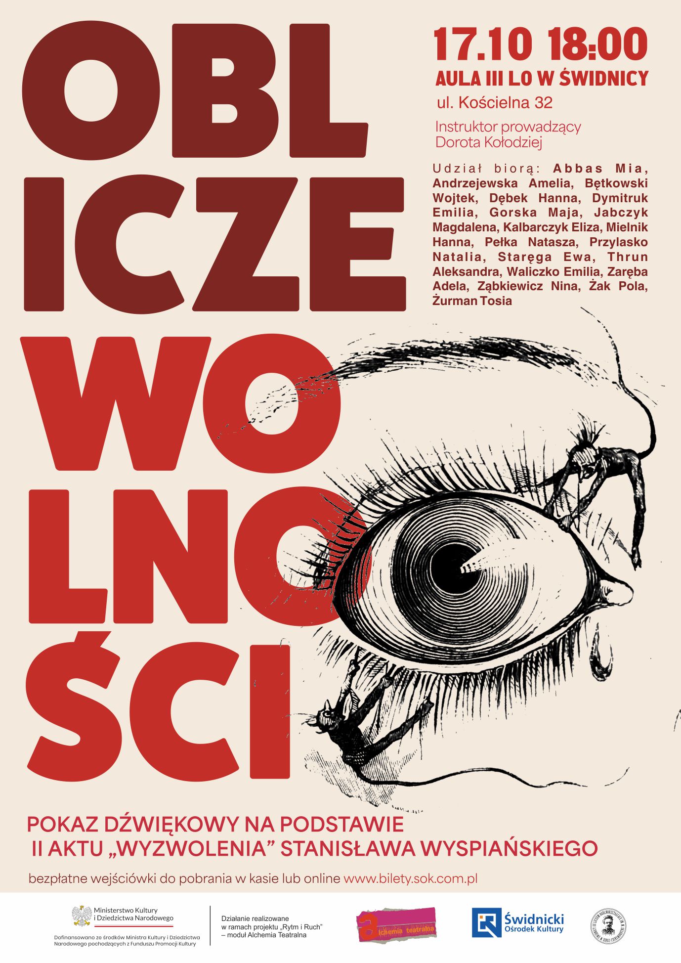 plakat o pokazie, na nim tytuł pokazu OBIZE WOLNOŚCI, kto występuje, grafika oka